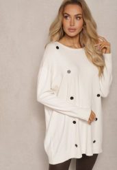 Jasnobeżowy Sweter Zimowy Ozdobiony Symetrycznie Guzikami Milabia. Brązowe swetry Renee, na zimę, l, bez wzorów, z jeansu, casualowe, bez ramiączek. W wyprzedaży za 55.99 zł.