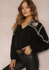 Czarna Bluzka z Bufiastym Rękawem i Kwiatowym Haftem Oluze. Czarne bluzki Renee, l, bez wzorów, z jeansu, eleganckie, bez kołnierzyka, bez ramiączek. W wyprzedaży za 119.99 zł.