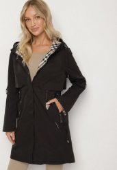 Czarna Kurtka Parka z Kapturem ze Wzorem w Kratę i Podpinanymi Rękawami Gavaria. Czarne kurtki Born2be, s, bez wzorów, z jeansu, eleganckie, z kapturem. Za 199.99 zł.