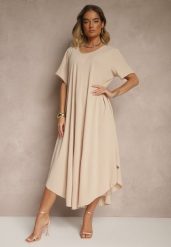 Beżowa Sukienka z Bawełną o Rozkloszowanym Kroju Lilzedi. Brązowe sukienki Renee, na co dzień, xl, bez wzorów, z bawełny, eleganckie, bez kołnierzyka, bez ramiączek, midi, rozkloszowane. W wyprzedaży za 63.99 zł.