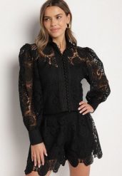 Czarny Komplet z Bawełną Koszula i Szorty Ozdobione Ażurowym Wzorem Zeralea. Czarne koszule Born2be, m, z aplikacjami, z bawełny, eleganckie, bez kołnierzyka, bez ramiączek. Za 149.99 zł.