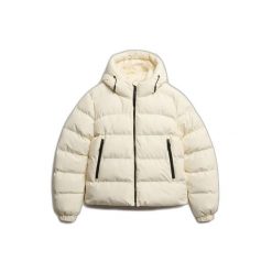 Damska kurtka z kapturem Superdry. Białe kurtki Superdry, bez wzorów, z puchu, z kapturem. W wyprzedaży za 516.50 zł.