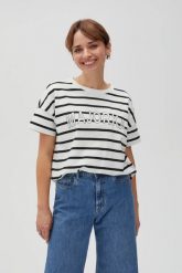 Bluza w paski z napisem biała. Białe bluzy MOODO, l, bez wzorów, z bawełny, bez kaptura. Za 79.99 zł.