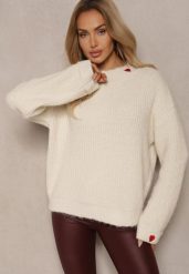Beżowy Sweter z Wełną i Ozdobnym Sercem Tinnoriava. Brązowe swetry Renee, bez wzorów, z jeansu, casualowe, bez ramiączek. W wyprzedaży za 95.99 zł.