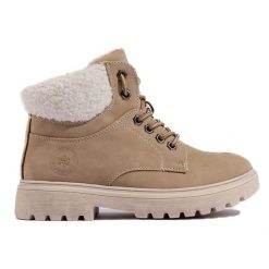 Stylowe Traperki Z Eko Skóry beżowy. Brązowe botki bez wzorów, ze skóry ekologicznej, eleganckie, za kostkę, bez obcasa, bez zapięcia. Za 231.88 zł.
