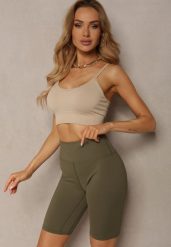Ciemnozielone Szorty Kolarki High Waist z Elastycznego Materiału Nanestia. Zielone szorty Renee, z aplikacjami. W wyprzedaży za 23.99 zł.