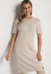 Beżowa Dzianinowa Sukienka z Wiskozą o T-shirtowym Kroju z Ozdobnymi Guziczkami Arissana. Brązowe sukienki Born2be, na spotkanie biznesowe, s, bez wzorów, z dzianiny, eleganckie, bez kołnierzyka, bez ramiączek, mini. W wyprzedaży za 63.74 zł.
