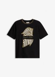 T-shirt z bawełny organcznej. Czarne t-shirty bonprix, bez wzorów, z bawełny, eleganckie, bez kołnierzyka, bez ramiączek. Za 67.99 zł.