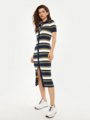 Lacoste Sukienka dzianinowa EF2554 Granatowy Slim Fit. Niebieskie sukienki Lacoste, bez wzorów, z bawełny, bez kołnierzyka, bez ramiączek. Za 479.99 zł.