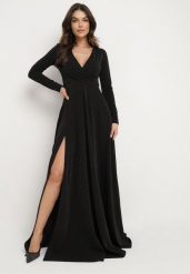 Czarna Rozkloszowana Sukienka z Dekoltem w Serek i Rozcięciem Zdobiona Metaliczną Nicią Emilandra. Czarne sukienki Born2be, m, z aplikacjami, z materiału, eleganckie, bez kołnierzyka, bez ramiączek, maxi, kopertowe. W wyprzedaży za 160.99 zł.