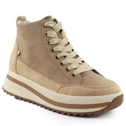 Skórzane botki damskie na platformie beżowe Rieker W3871-60. Brązowe botki Rieker, bez wzorów, ze skóry, bez obcasa, na platformie, bez zapięcia. Za 285.35 zł.