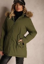 Ciemnozielona Kurtka w Stylu Parka ze Ściągaczami w Talii i Odpinanym Kapturem z Futerkiem Fezirra. Zielone kurtki Renee, l, bez wzorów, z jeansu, eleganckie. W wyprzedaży za 263.99 zł.
