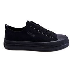 Niskie Sznurowane Tenisówki Big Star LL274967 Czarne. Czarne trampki bez wzorów, z materiału, retro, bez zapięcia. Za 221.62 zł.