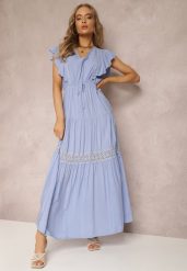 Niebieska Sukienka Callamene. Niebieskie sukienki Renee, m, z aplikacjami, z koronki, bez kołnierzyka, bez ramiączek, maxi. W wyprzedaży za 64.99 zł.