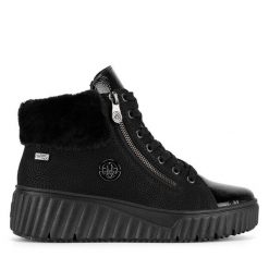 Botki Rieker. Czarne botki Rieker, bez wzorów, bez obcasa, na koturnie, bez zapięcia. Za 311.99 zł.