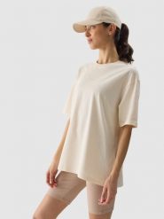4F T-shirt oversize gładki damski - kremowy XL. Brązowe t-shirty 4f, xl, bez wzorów, z bawełny, klasyczne, bez kołnierzyka, bez ramiączek. W wyprzedaży za 29.99 zł.