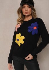 Czarny Sweter z Dodatkiem Wiskozy Ozdobiony Kwiatami 3D Nanivia. Czarne swetry Renee, z aplikacjami, z jeansu, casualowe, bez ramiączek. W wyprzedaży za 63.99 zł.
