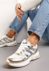 Złote Buty Sportowe Ozdobione Siateczką i Metalicznymi Wstawkami Lawinle. Żółte buty sportowe lifestyle Renee, bez wzorów, bez zapięcia. W wyprzedaży za 99.99 zł.