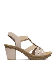 Rieker Sandały CEO-66526-62 Beżowy. Brązowe sandały Rieker, bez wzorów, ze skóry, bez obcasa, na słupku, bez zapięcia. Za 319.99 zł.