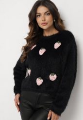 Czarny Puchaty Sweter z Wełną i Aplikacjami Truskawek 3D Leraisa. Czarne swetry Born2be, na jesień, z aplikacjami, z jeansu, eleganckie, bez ramiączek. W wyprzedaży za 93.49 zł.