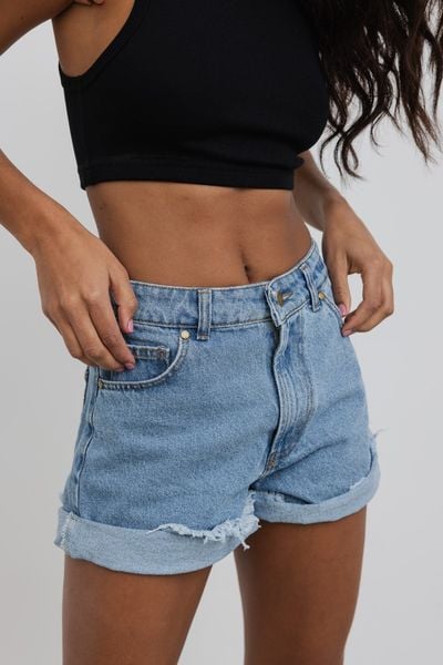Szorty jeansowe z wysokim stanem w kolorze BLUE - VANITY. Niebieskie szorty Marsala, bez wzorów, z denimu, casualowe. Za 349.90 zł.