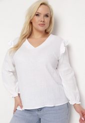 Biała Bluzka z Bawełny z Długim Rękawem i Falbanką Pixela. Białe bluzki Born2be, xl, z aplikacjami, z bawełny, eleganckie, bez kołnierzyka, bez ramiączek. W wyprzedaży za 42.49 zł.