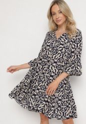 Granatowa Sukienka Rozkloszowana z Bawełny w Etniczny Wzór Zalista. Niebieskie sukienki Born2be, na co dzień, l, bez wzorów, z bawełny, boho, bez kołnierzyka, bez ramiączek, mini, rozkloszowane. Za 69.99 zł.