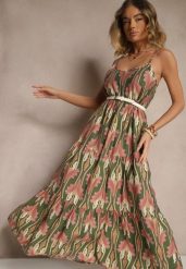 Zielono-Różowa Sukienka w Stylu Boho z Cienkimi Regulowanymi Ramiączkami Tosena. Zielone sukienki Renee, na co dzień, l, bez wzorów, boho, bez kołnierzyka, bez ramiączek, maxi. W wyprzedaży za 55.99 zł.