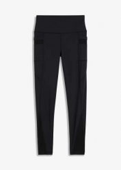 Wygodne legginsy sportowe z siatkowymi wstawkami i kieszonką na telefon. Czarne legginsy bonprix, bez wzorów, sportowe. Za 99.99 zł.