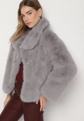 Szara Jednorzędowa Kurtka Futerko z Szerokim Kołnierzem Conellia. Szare kurtki Born2be, l, bez wzorów, z dzianiny, eleganckie, bez kaptura. Za 209.99 zł.