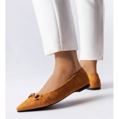 Brązowe balerinki ze szpiczastym noskiem Aimé. Brązowe baleriny z aplikacjami, ze skóry ekologicznej, eleganckie, ze szpiczastym noskiem, bez obcasa, na płaskiej podeszwie, bez zapięcia. Za 78.15 zł.