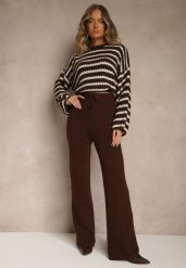 Brązowe Dzianinowe Spodnie Wide Leg z Ociepleniem Miosea. Brązowe jeansy Renee, s, bez wzorów, z dzianiny, eleganckie, z podwyższonym stanem. Za 69.99 zł.