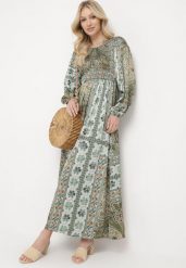 Zielona Sukienka w Stylu Boho z Rozkloszowanym Dołem i Bufiastymi Rękawami Ertiana. Zielone sukienki Born2be, na co dzień, m, bez wzorów, z materiału, boho, bez kołnierzyka, bez ramiączek, maxi, proste. W wyprzedaży za 118.99 zł.