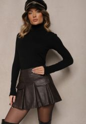 Czarne Spódnico-Szorty High Waist z Ekoskóry Ozdobione Imitacją Kieszeni Silezi. Brązowe szorty Renee, bez wzorów, eleganckie. W wyprzedaży za 91.99 zł.