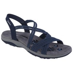 Sandały damskie, Skechers Reggae Slim - Turn It Up. Niebieskie sandały Skechers, bez wzorów, bez obcasa, bez zapięcia. Za 199.99 zł.