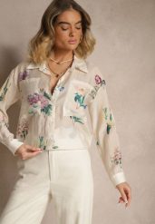 Beżowa Koszula w Kwiaty z Dodatkiem Wiskozy z Kieszonkami Polliliana. Brązowe koszule Renee, l, bez wzorów, z jeansu, eleganckie, bez kołnierzyka, bez ramiączek. W wyprzedaży za 91.99 zł.