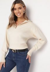 Beżowy Sweter z Golfem Zapinanym na Zamek Tihanas. Brązowe swetry Born2be, m, bez wzorów, bez ramiączek. W wyprzedaży za 76.49 zł.