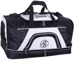 BRUBAKER torba sportowa 52 L - z przegrodą na mokre rzeczy i buty - czarno-biała. Białe torby sportowe X2, bez wzorów, z materiału, na ramię, duże. Za 188.99 zł.