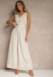 Jasnobeżowy Kombinezon o Taliowanym Kroju z Wiskozą i Paskiem Raliorea. Brązowe sukienki Renee, bez wzorów, z wiskozy, eleganckie, bez kołnierzyka, bez ramiączek. W wyprzedaży za 135.99 zł.