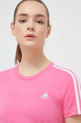 Adidas t-shirt bawełniany kolor różowy. Czerwone t-shirty adidas, z aplikacjami, z bawełny, bez kołnierzyka, bez ramiączek. Za 129.99 zł.