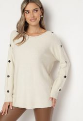 Jasnobeżowy Sweter z Dodatkiem Bawełny i Wiskozy z Guzikami na Rękawach Ciasine. Brązowe swetry Born2be, l, bez wzorów, z bawełny, plus size, bez ramiączek. W wyprzedaży za 67.99 zł.