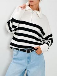 Sweter w paski - biały. Białe swetry Sinsay, l, bez wzorów, bez ramiączek. Za 69.99 zł.