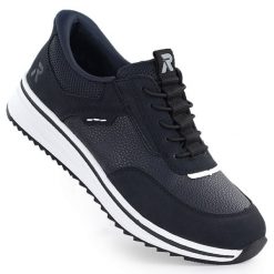 Półbuty damskie na podwyższeniu granatowe Rieker L5850-14. Półbuty wsuwane Rieker, bez wzorów, ze skóry ekologicznej, bez obcasa. Za 379.00 zł.