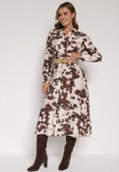 Brązowa Koszulowa Sukienka z Wiskozą w Krowie Łaty z Paskiem Domumbria. Brązowe sukienki Born2be, l, bez wzorów, z wiskozy, bez kołnierzyka, bez ramiączek, midi, dopasowane. Za 129.99 zł.