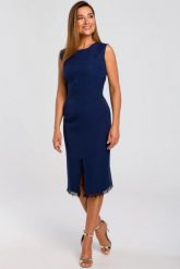 Elegancka sukienka ołówkowa midi rozcięcie na dole i koronka granatowa. Sukienki Sukienki.shop, do pracy, l, bez wzorów, z elastanu, biznesowe, bez kołnierzyka, bez ramiączek, midi, ołówkowe. Za 249.00 zł.