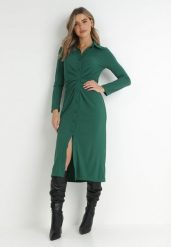 Ciemnozielona Sukienka Koszulowa z Marszczeniem Nure. Zielone sukienki Born2be, s, bez wzorów, z tkaniny, eleganckie, bez kołnierzyka, bez ramiączek, midi, koszulowe. W wyprzedaży za 93.49 zł.