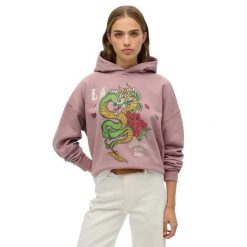 Bluza damska z kapturem Superdry Neo Trad Tattoo. Fioletowe bluzy Superdry, l, bez wzorów, prążkowane, eleganckie, bez ramiączek, z kapturem. Za 309.50 zł.