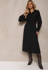 Czarna Sukienka Koszulowa o Rozkloszowanym Kroju z Paskiem i Kieszeniami z Klapami Rinnisa. Czarne sukienki Renee, na imprezę, l, bez wzorów, eleganckie, bez kołnierzyka, bez ramiączek, midi, koszulowe. W wyprzedaży za 99.99 zł.