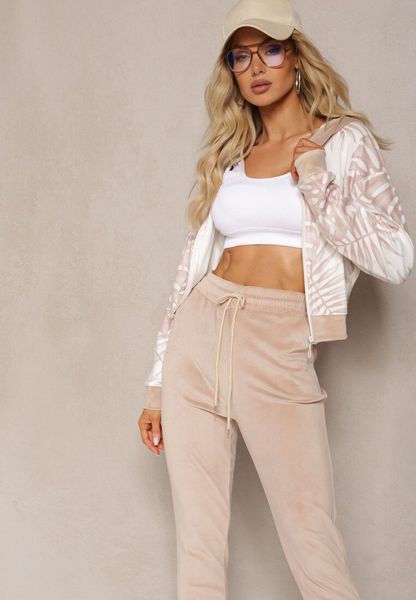 Ciemnobeżowy Welurowy Komplet Dresowy z Wzorzystą Bluzą z Kapturem i Joggerami Rouviana. Brązowe bluzy Renee, m, bez wzorów, z dresówki, z kapturem. Za 79.99 zł.