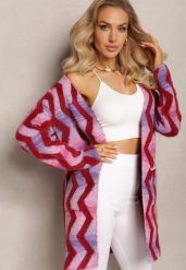 Jasnofioletowy Luźny Kardigan Niezapinany w Geometryczny Print Sheshy. Fioletowe swetry Renee, bez wzorów, z dzianiny, eleganckie, bez ramiączek. W wyprzedaży za 111.99 zł.